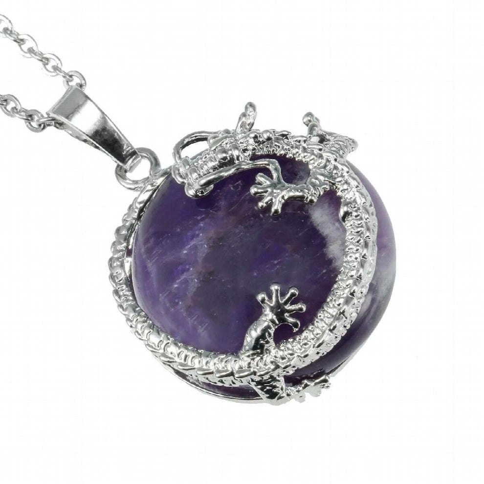 18KGP Sinosaurus Dragon Twine Natural Amethyst Crystal Ball Charms Pendant For Necklace Women Men Jewelry
