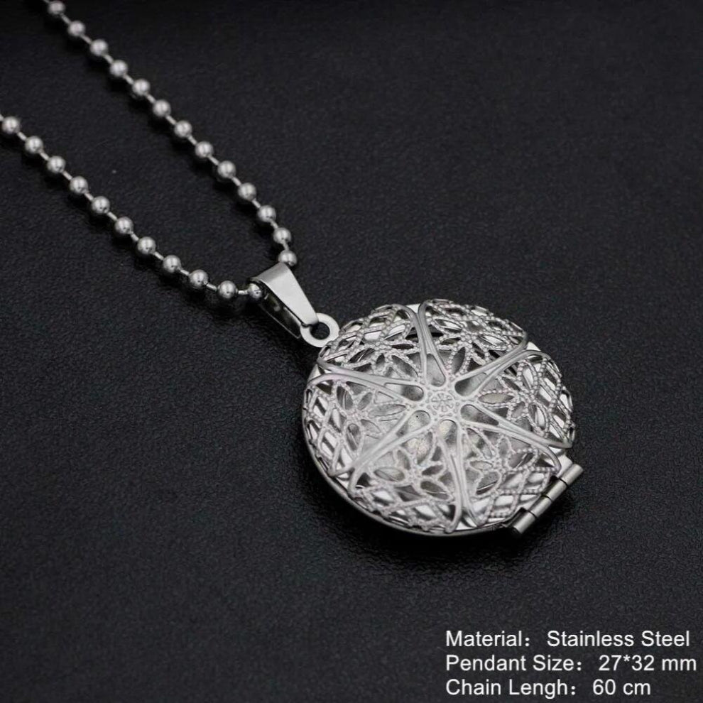 Stainless Steel Hollow Round Locket Necklaces Photo Frame Pendant Necklace for Women Men Memory Jewelry
