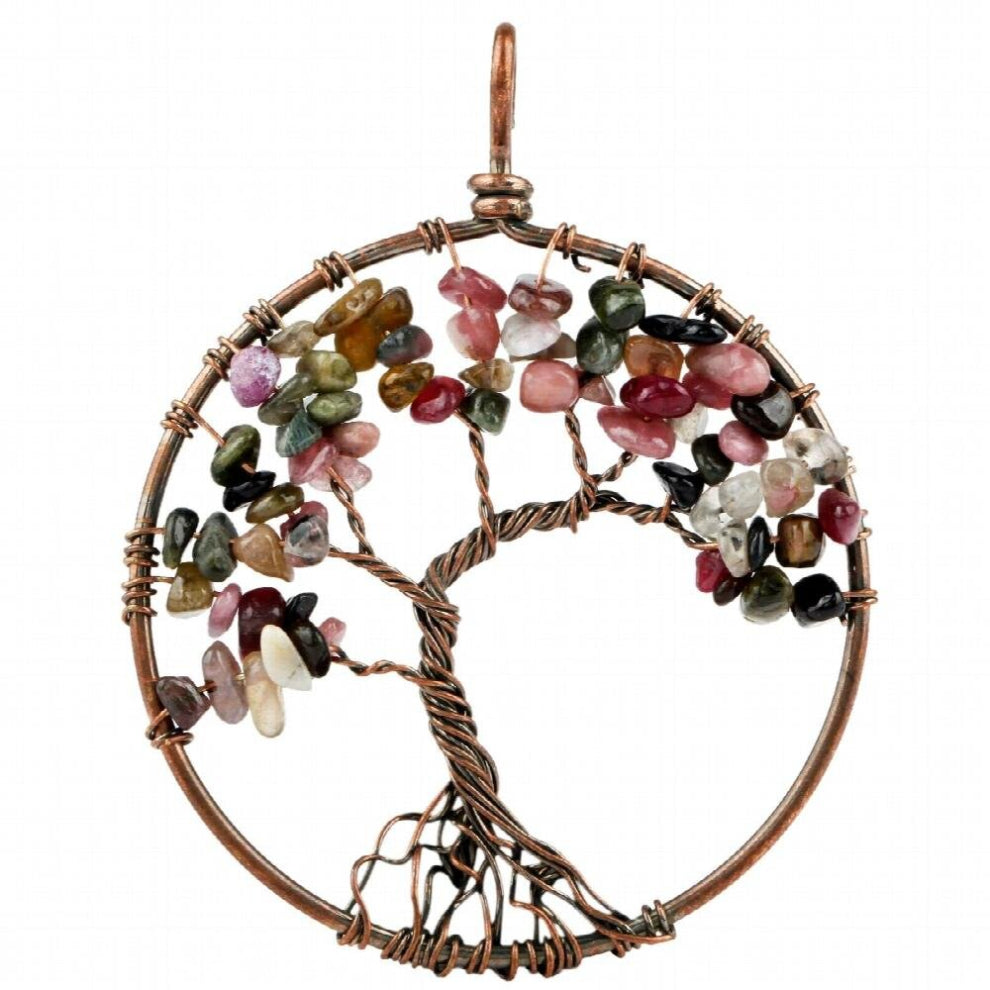 Retro Tree of Life Necklace Pendant Inlay Tourmaline Chips Stones Copper Wire Wrapped Crooked Tree Jewelry Healing Chakra