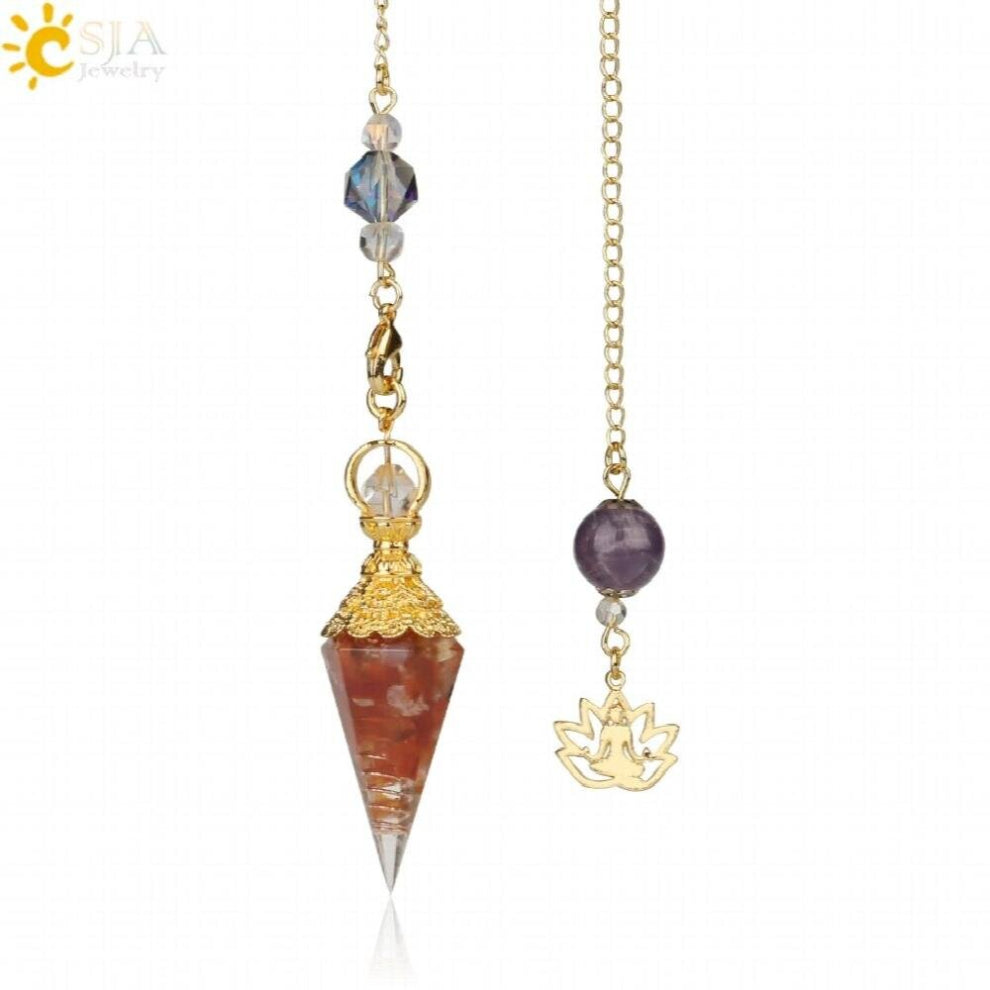 CSJA Natural Chip Stone Pendulum Hexagonal Reiki Yoga Pyramid Resin Pendant Gold-color Chain Amulet for Dowsing Pendule G323