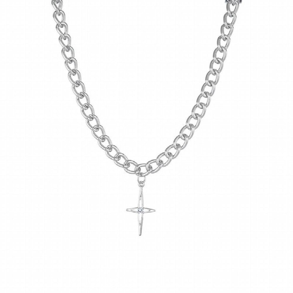 5 Piece Set Stainless Steel Round Cuban Link Chain Cross Chokers Necklace for Women Charm Jewlery Silver