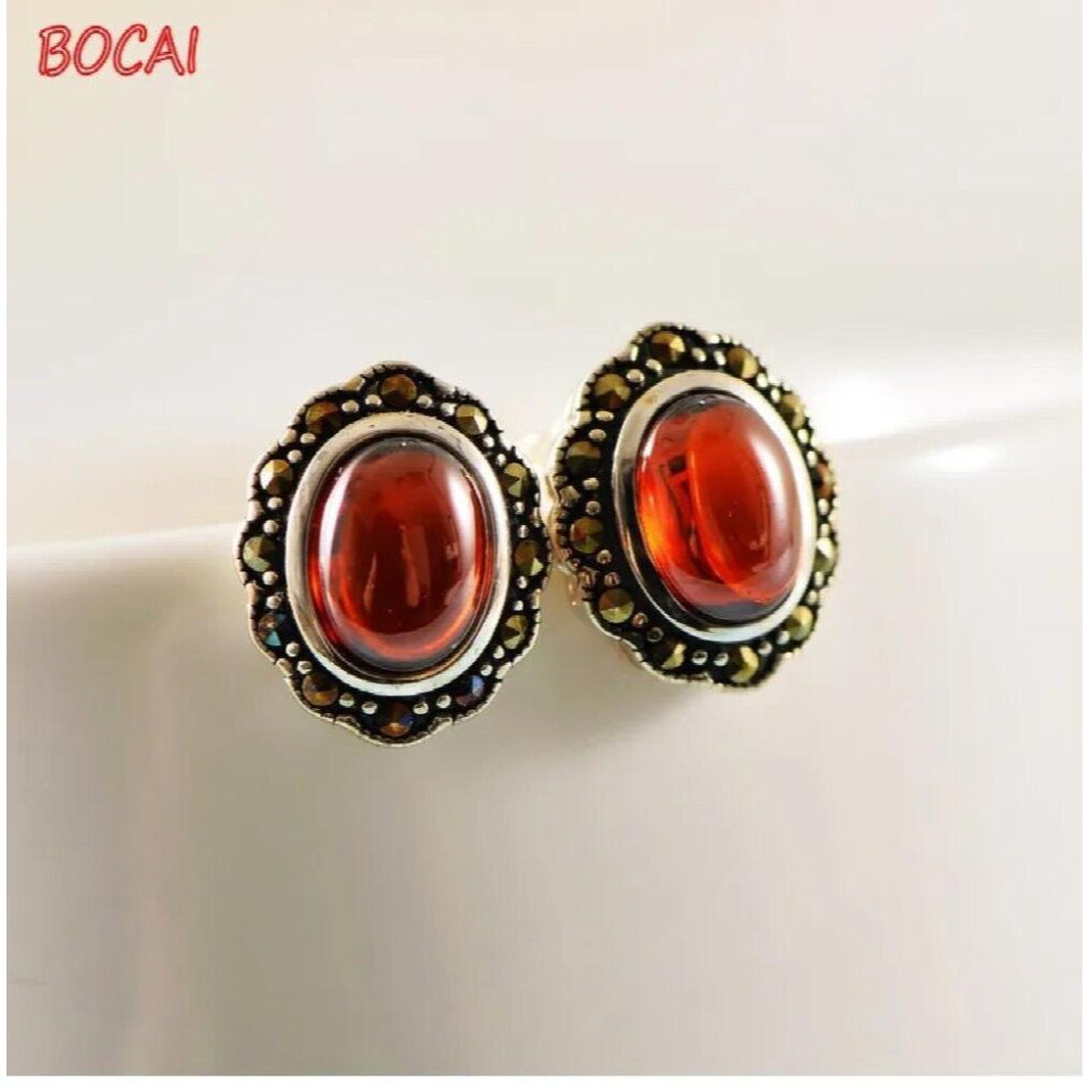 Real S925 Silver Retro Oval Marker Stud Earrings and Womens Earrings