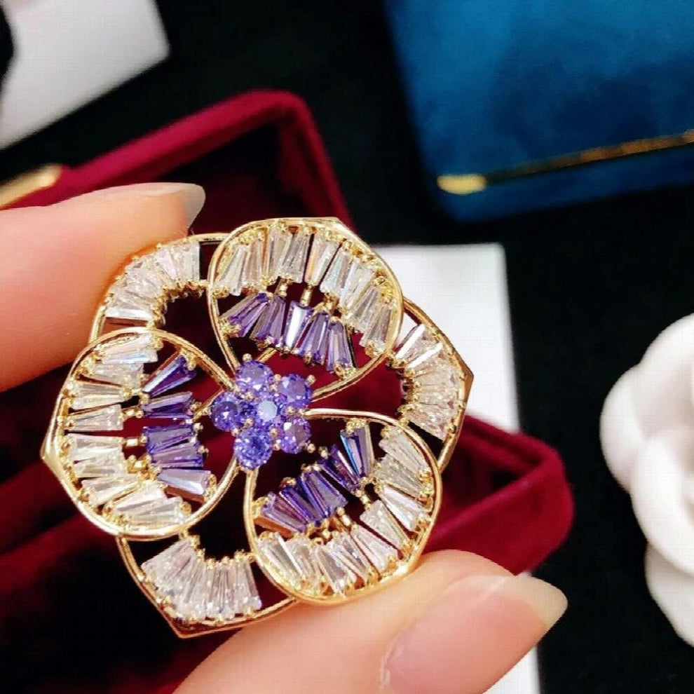 Brooches For Women Shirt Pin Purple Flower Cubic Zircon Luxuriant Sweater Cardigan Clip Chain Brooche Fine Jewelry Drop