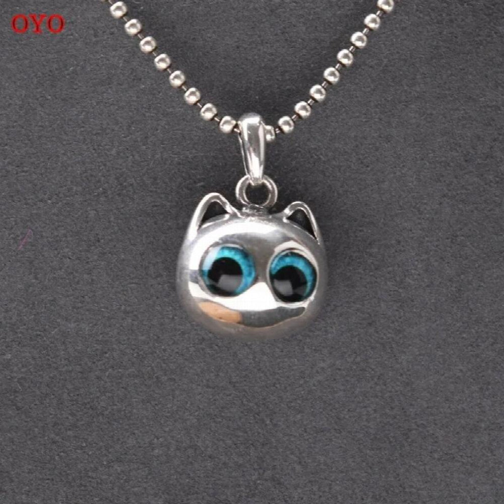 Real S925 Silver Cat Pendant Retro Glossy Pet Cat Pendant