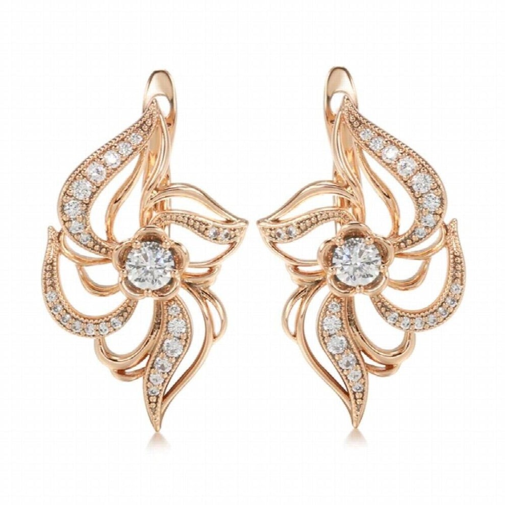 Micro Inlay Zircon Clip Earrings 585 Rose Hollow Flower Symmetry Piercing Hoops for Women Engagement Golden Jewelry