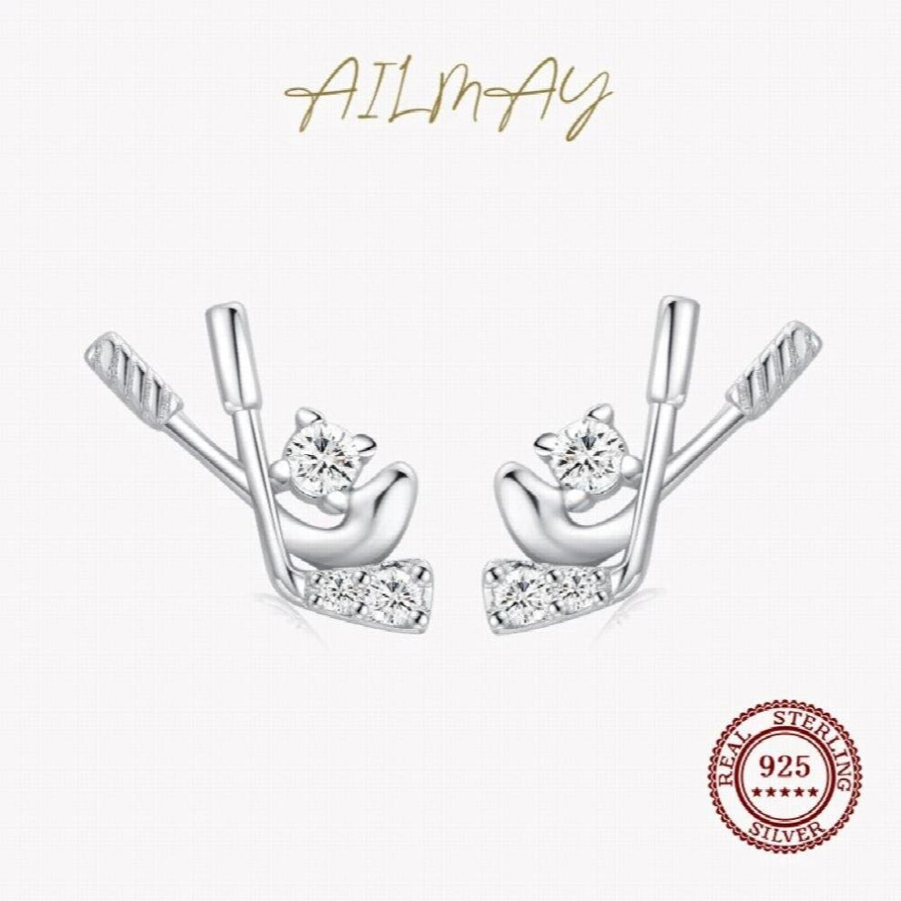 100% 925 Sterling Silver Hockey modelling Clear Zircon Stud Earrings For Women Girls Party Accessories Jewelry