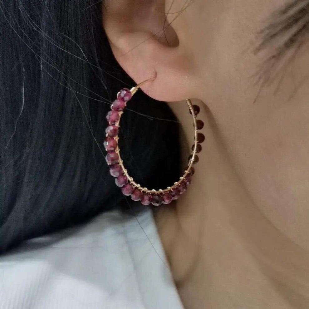 Unique Faceted Garnet Hoops Bohemian Earrings Natural Gemstones Statement Jewelry 14K Filled Wire Wrap Circle Boho Earrings
