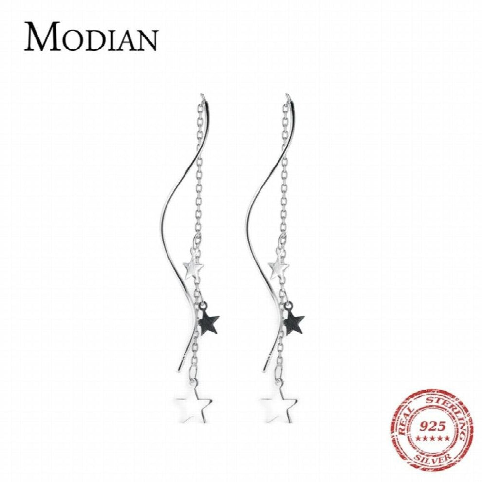 Classic Real 925 Sterling Silver Swing Full Stars Line Drop Earrings For Women Dangle Ear Silver Fine Jewelry
