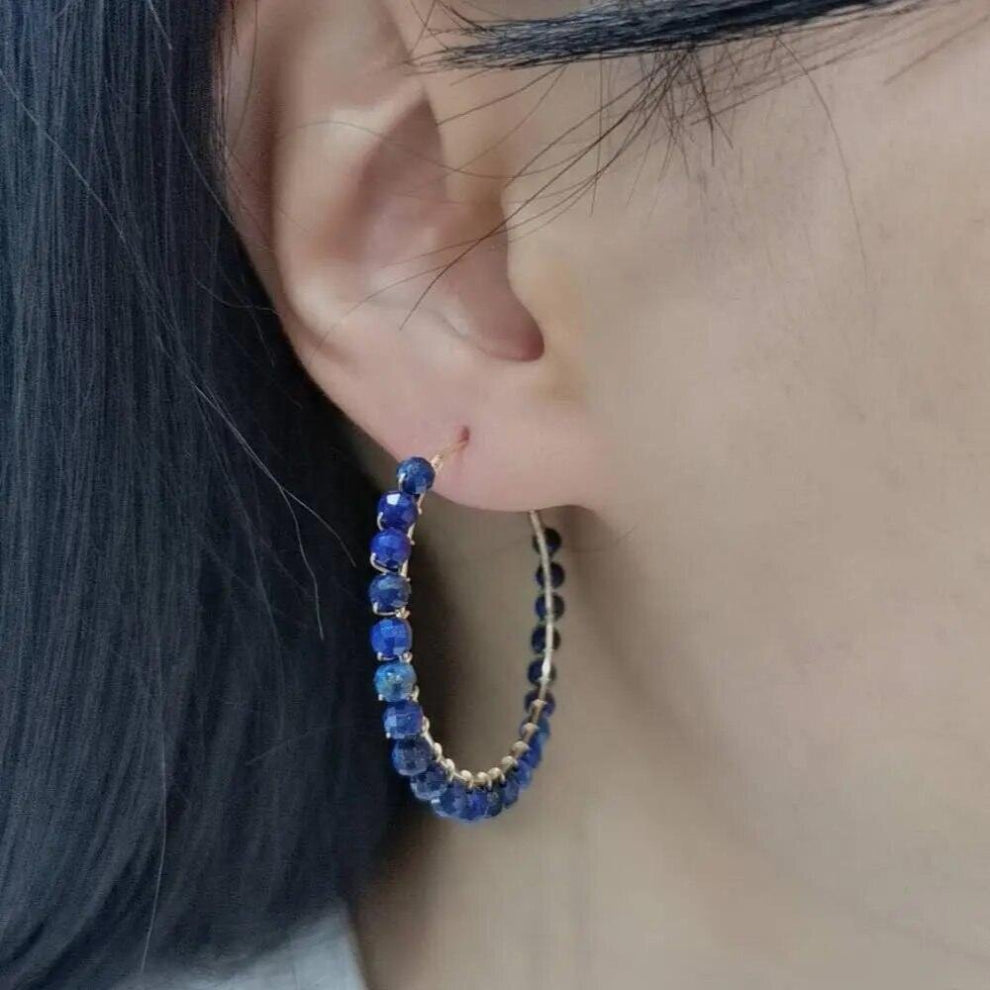 Real Lapis Lazuli Hoops Boho Earrings Faceted Gemstones Statement Jewelry 14K Filled Hand Wire Wrap Circle Earrings