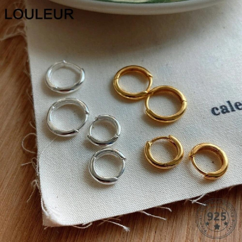 LouLeur 925 Sterling Silver 10mm-15mm Glossy Hoop Earrings Nordic Round Minimalist Earrings For Women Charm Jewelry