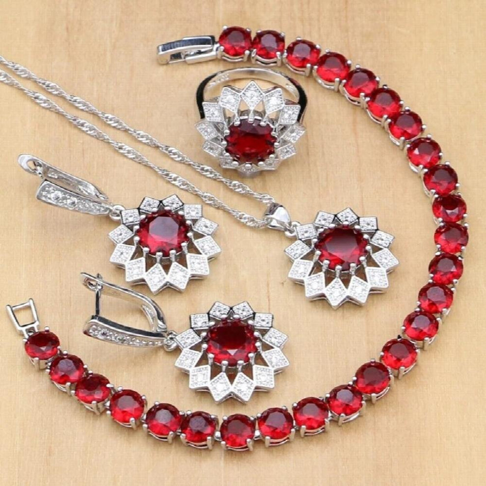Flower Silver 925 Jewelry Red Stones Crystal Jewelry Sets For Women Earrings-Pendant-Rings-Bracelet-Necklace Set