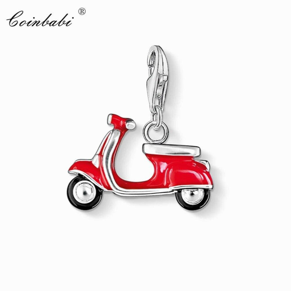Charm Pendant Red Scooter,2018 Jewelry Real Pure 925 Sterling Silver Gift For Women Fit Bracelet Necklace