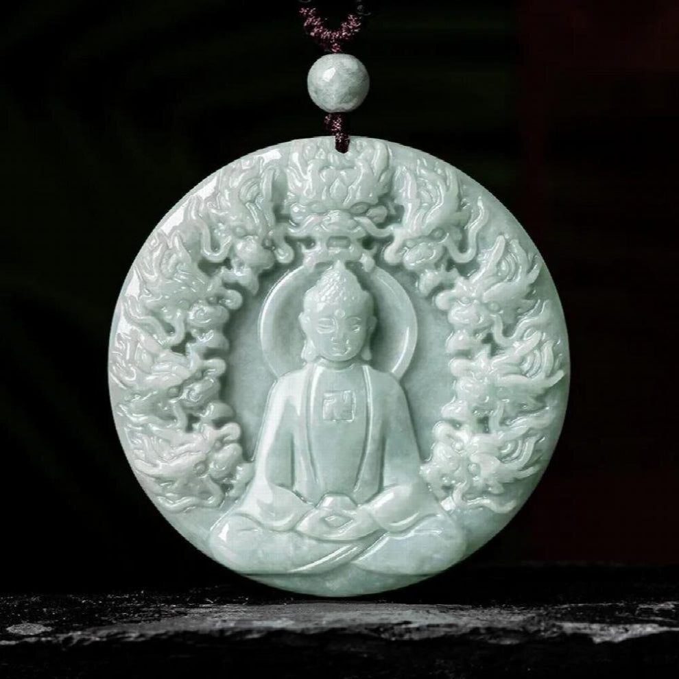 Natural Myanmar Jadeite Jiulong Protector Buddha Pendant Ice Planted Jade Mens Womens Charms Jewelry Drop