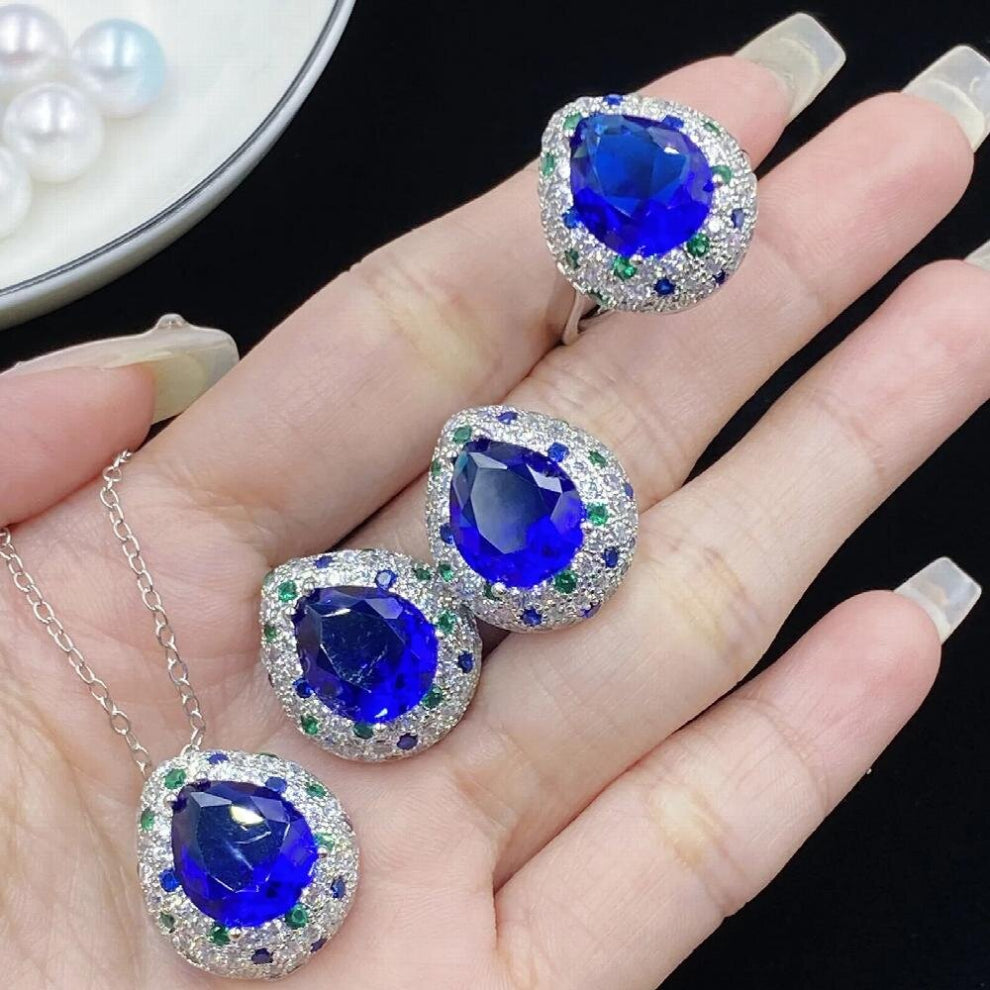 Silver 925 Water Drop Lab Sapphire Zirconia Jewelry Sets Women Wedding Ring-Earring-Necklace