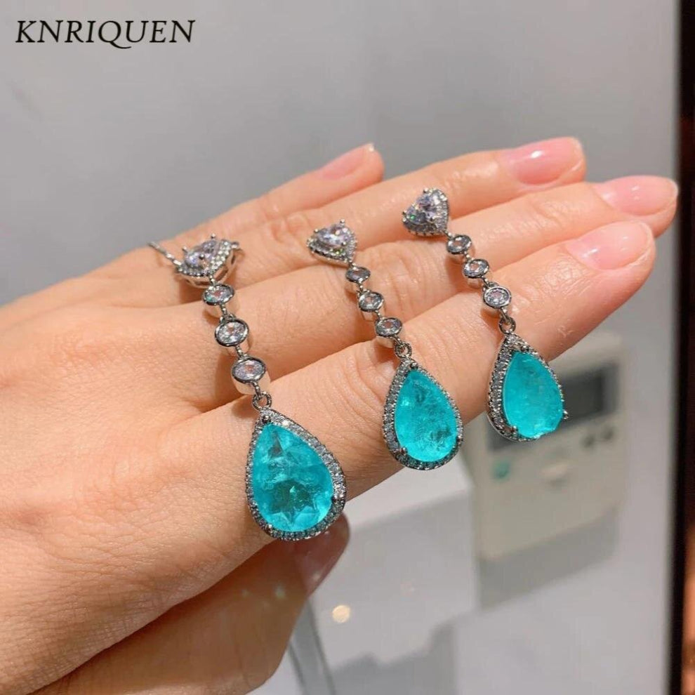 Vintage Simulation Water Drop Paraiba Tourmaline Gemstone Earrings-Necklace Gemstone Wedding Jewelry Set for Women Accessories