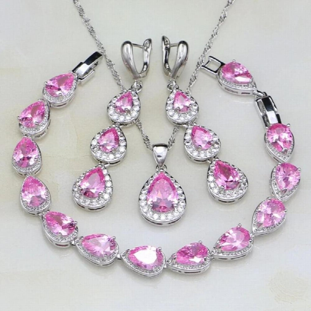 Water Drop Pink Cubic Zirconia CZ 925 Sterling Silver Jewelry Sets For Women Earrings-Pendant-Necklace-Bracelet