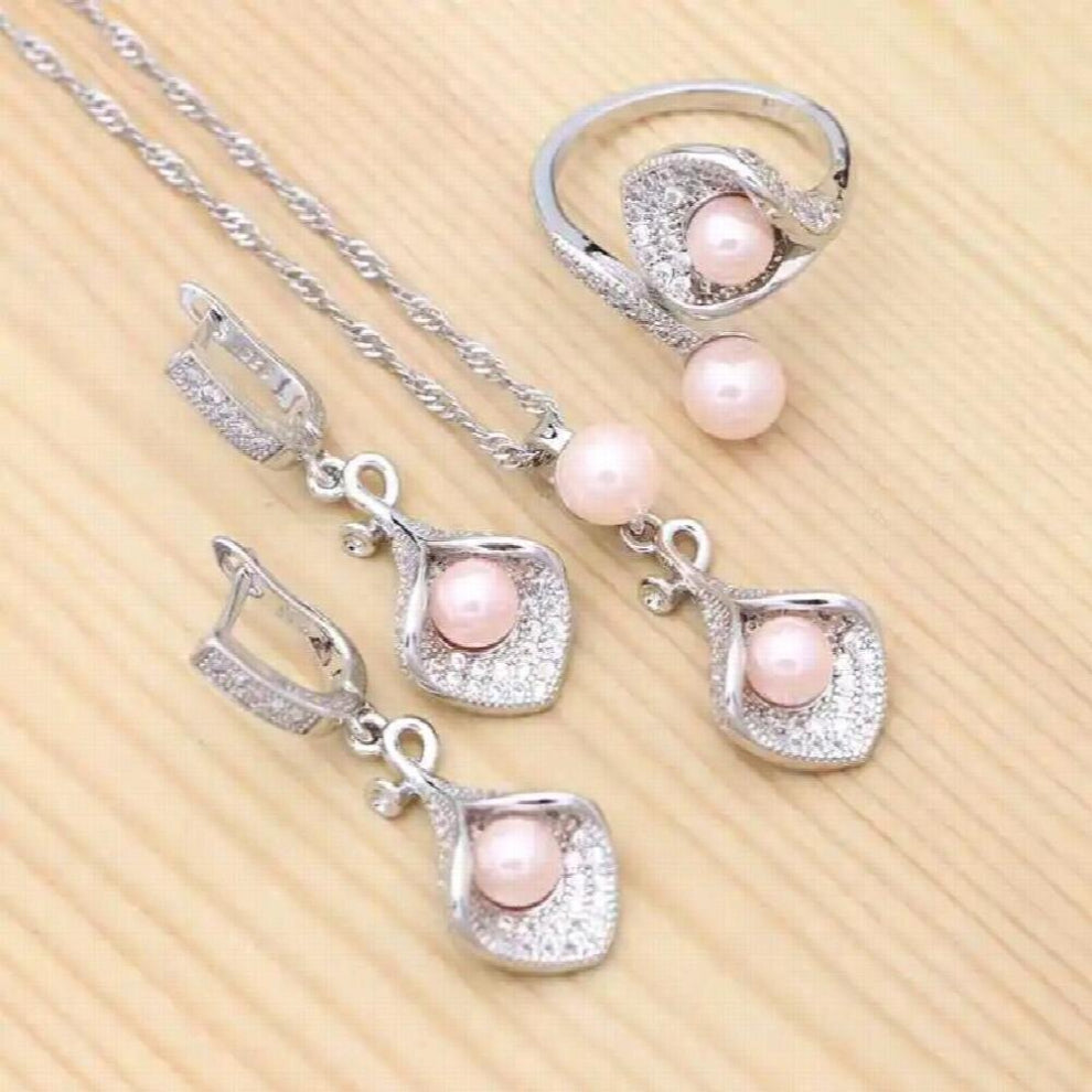 925 Sterling Silver Jewelry Flowers Pink Pearls Zircon Jewelry Set For Women Adjustable Open Ring-Earring-Pendant-Necklace