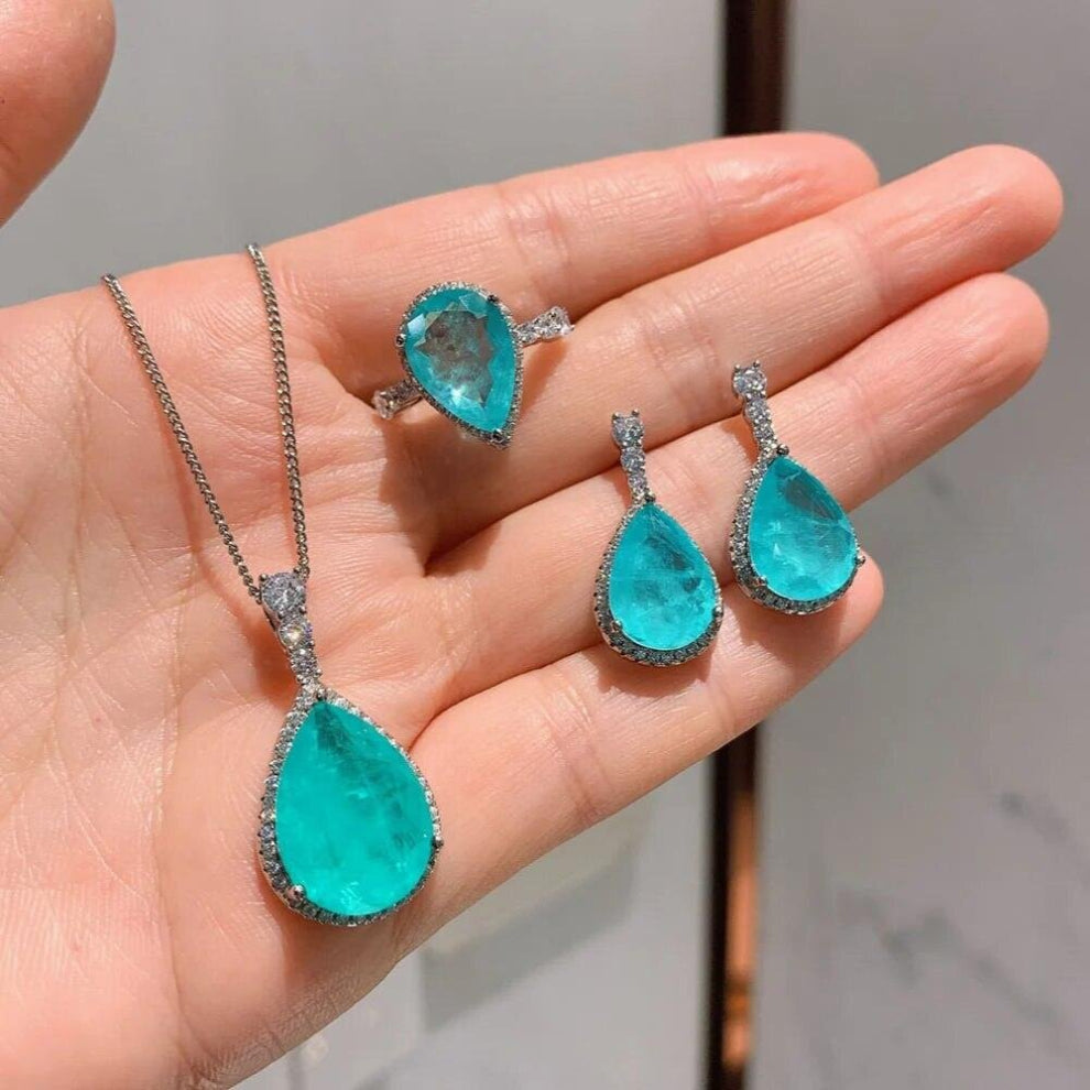 Arrival Paraiba Tourmaline Gemstone Drop Earrings-Pendant-Necklace-Ring Wedding Jewelry Sets Gift Statement