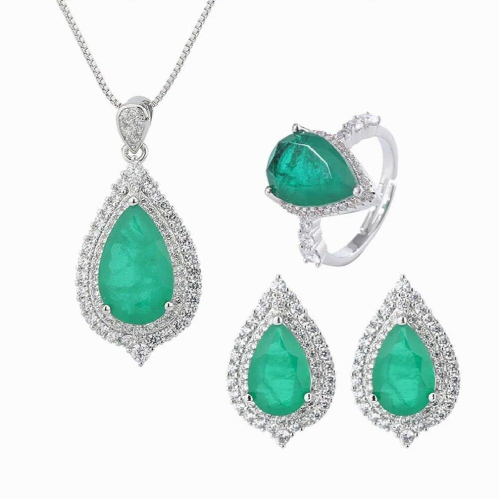 Vintage Pear Emerald Gemstone Earrings-Necklace-Ring High Carbon Diamond Wedding Engagement Jewelry Sets Accessories