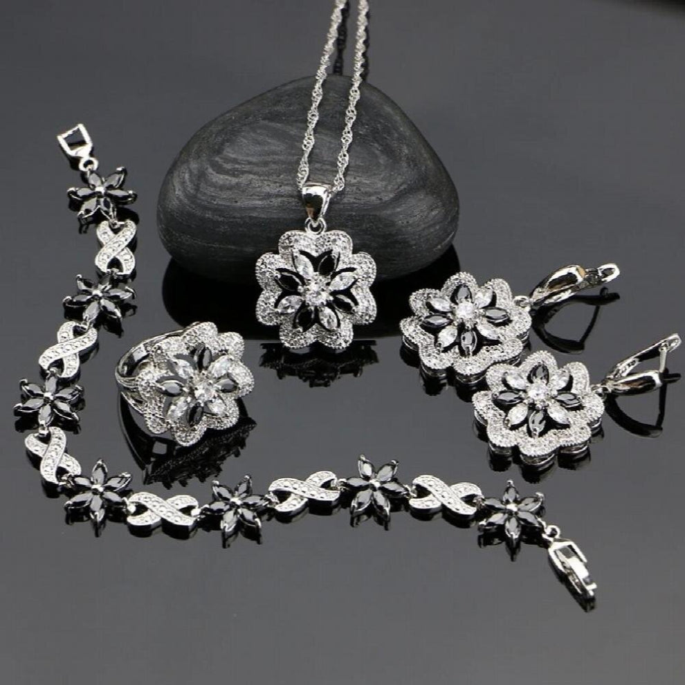 Flower with Cubic Zirconia 925 Silver Jewelry Sets for Women Party Earrings-Pendant-Necklace-Ring-Bracelet