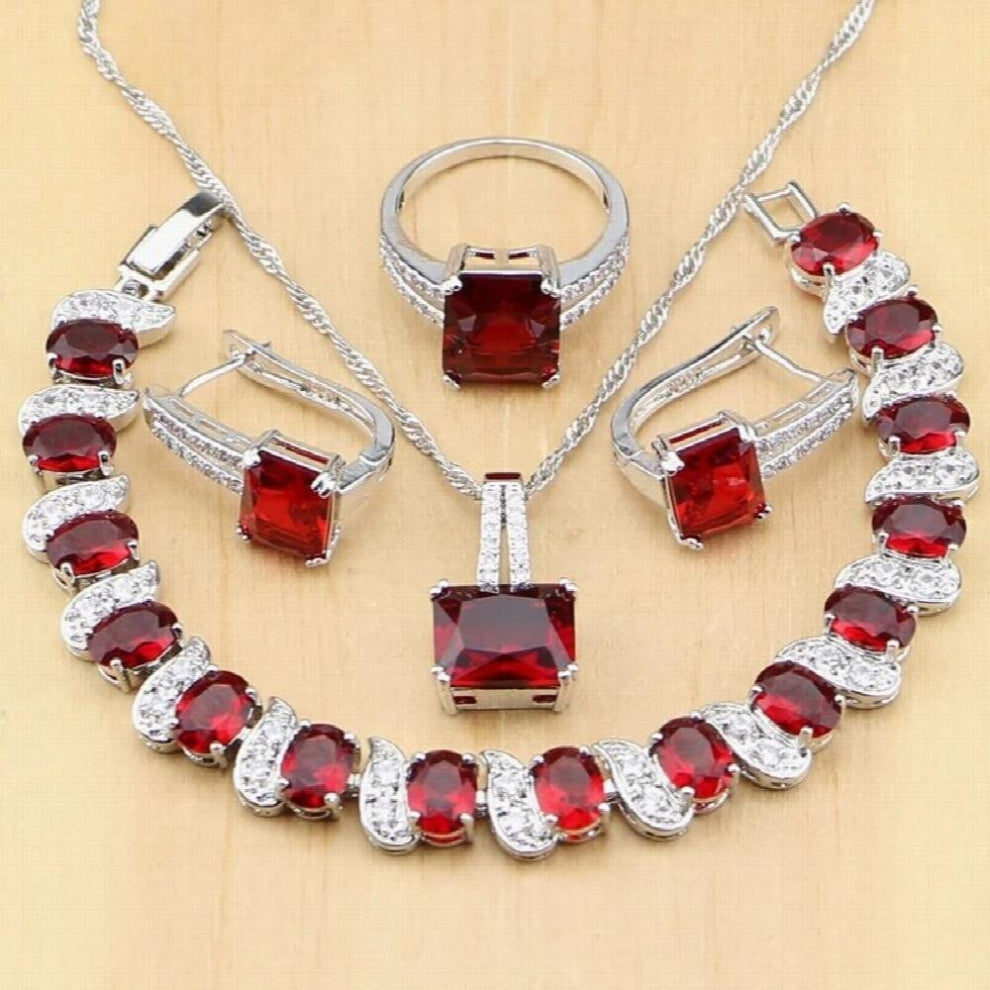 925 Silver Jewelry Red Cubic Zirconia CZ Beads Jewelry Sets Women Earrings-Pendant-Necklace-Rings-Bracelet
