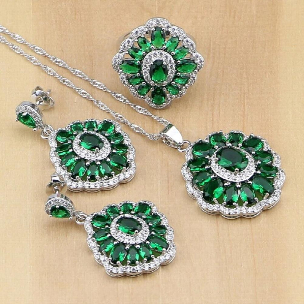 925 Sterling Silver Bridal Jewelry Green Stones CZ Jewelry Sets For Women Wedding Earrings-Pendant-Necklace-Rings