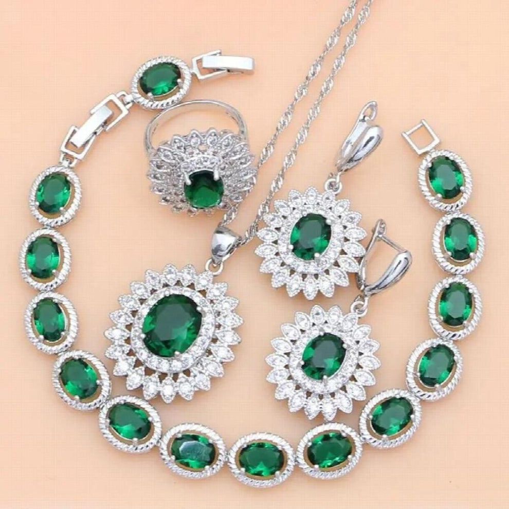 925 Sterling Silver Bridal Jewelry Green Cubic Zirconia CZ Women Jewelry Sets Earrings-Pendant-Necklace-Rings-Bracelet