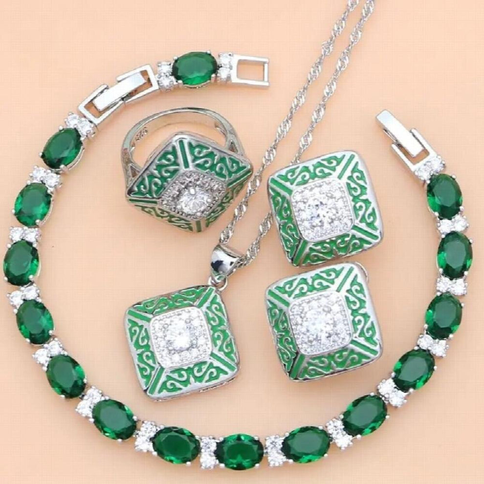 Green Lucite Zircon Silver 925 Bridal Costume Jewelry Sets For Women Earrings-Pendant-Ring-Stones Bracelet-Necklace Set