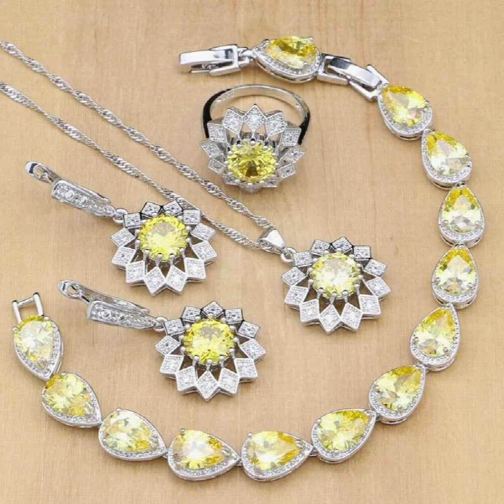 Sunflower 925 Silver Jewelry Sets Yellow Zircon Stones CZ For Women Wedding Earrings-Pendant-Rings-Bracelet-Necklace Set
