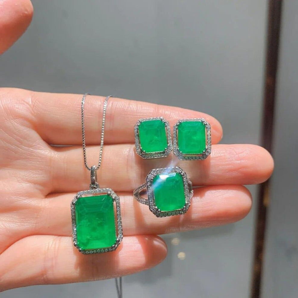 Simulation Emerald Gemstone High Carbon Diamonds Earrings-Ring-Necklace for Women Wedding Jewelry Sets Gift