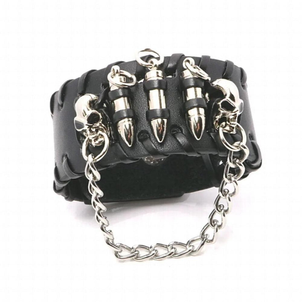 1PCS PU Leather Bracelet Punk Bullet Wristband Adjustable Mens Skull Metal Chain Bracelet Jewelry Biker Rock Gothic
