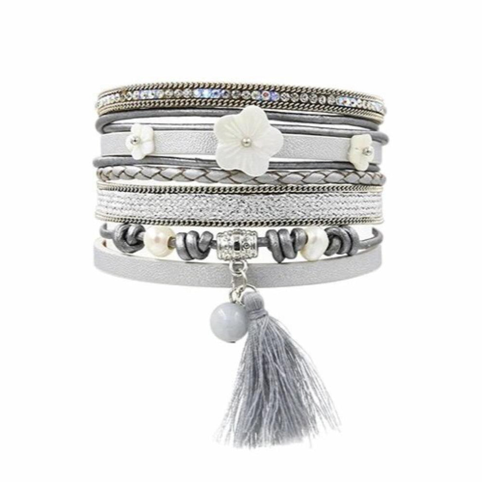 PU leather Bracelets&Bangles For Women Pulseira Bohemia Rows Grey Plaited Shell Flower Strass Set Fabric Tassel
