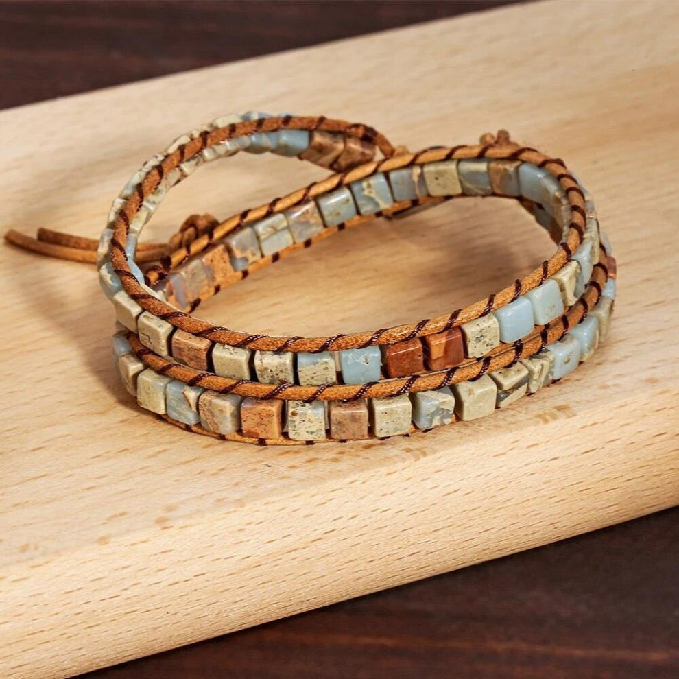 Leather Natural Stone 2 Strands Wraps Bracelet 4mm Square Agalmatolite Beads Vintage Bracelet Jewelry for Women Drop
