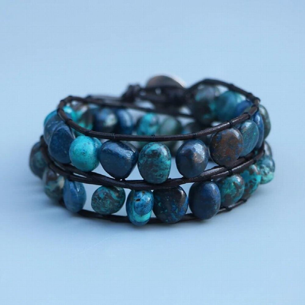 Natural Stone Irregular Beads Wrap Bracelet Women Men Two wraps Adjustable Length Leather Boho Bracelet Couples Gift