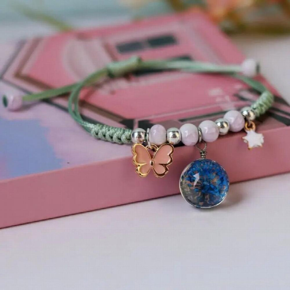 Peach Crystal Glass Ball Dry Flower Real Flower Bracelet Fresh Sen Womens Knitting Bracelet Full Of Stars Bracelet