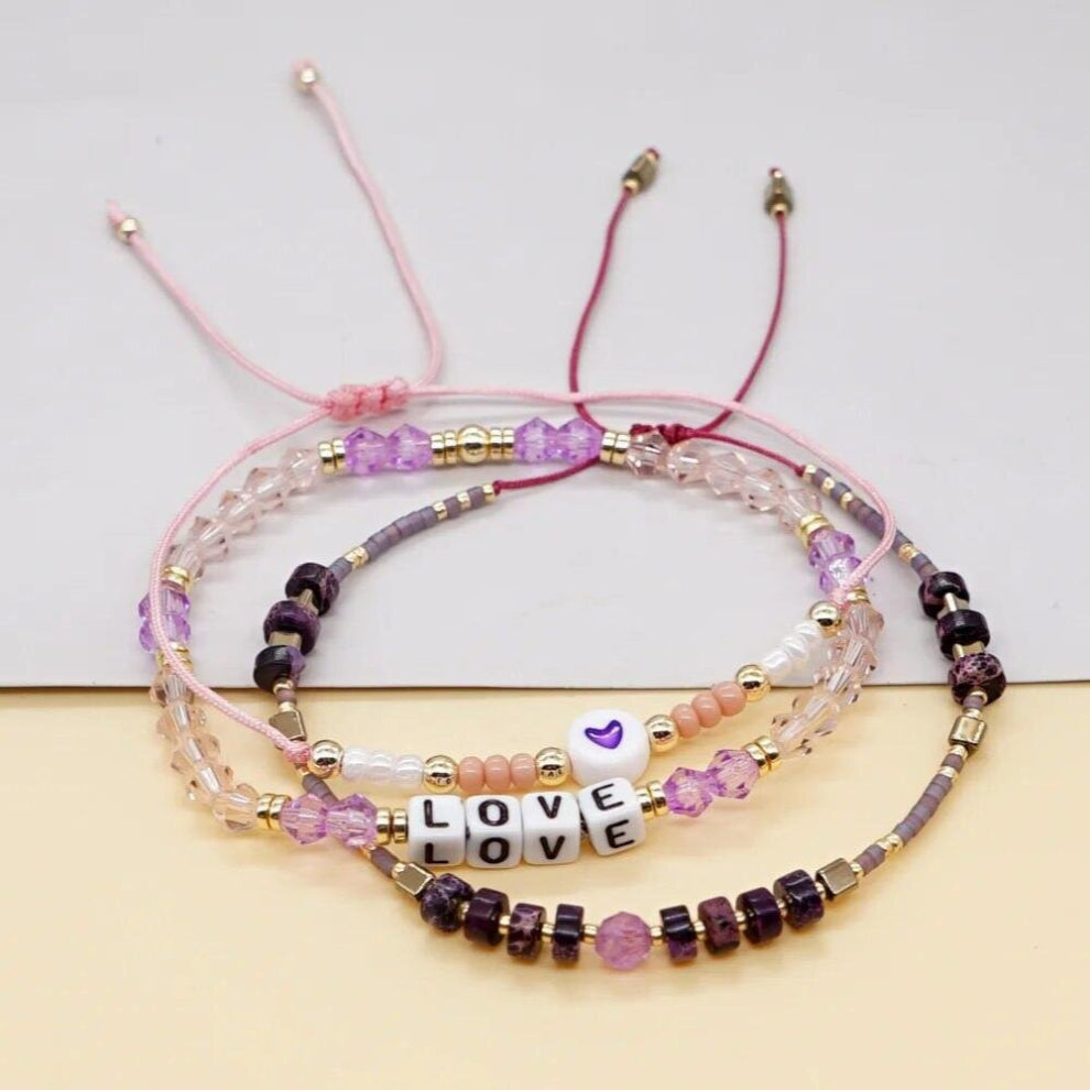 Beaded bracelet Crystal Letters LOVE Hand Knitting Bohemia Minimalist Natural Stone Adjustable Rice bead bracelet set
