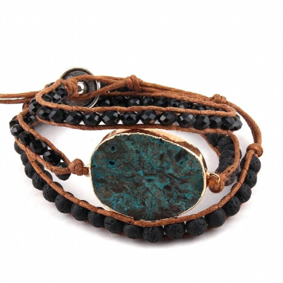 Stone-Glass Crystal Long Stone Link Wrap Bracelet 3 Wraps Leather Bracelet For Women