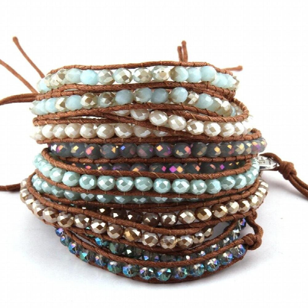 Glass Crystal Beads Wrap Bracelet 2 Wraps Leather Bead Bracelet