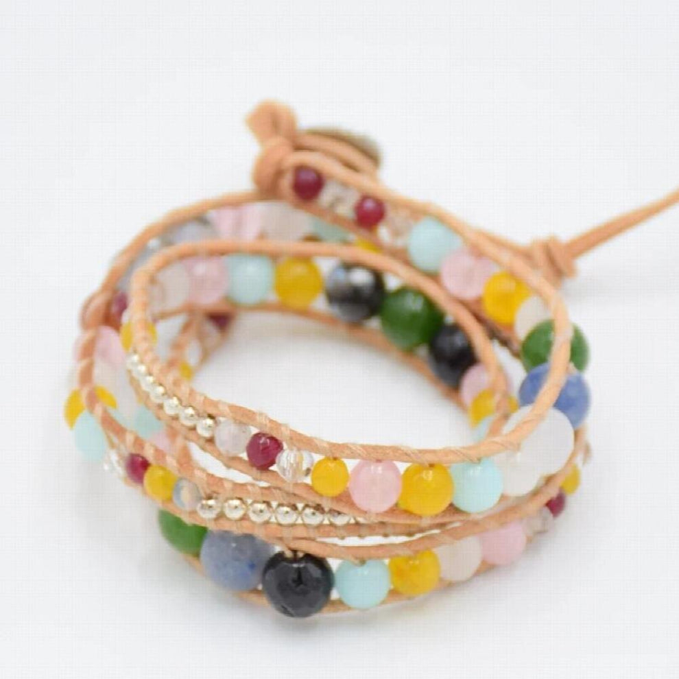 Strand Bracelet Unique 3 Wraps Leather Bracelets Bohemian Weaving Mix Stones Bracelet Jewelry