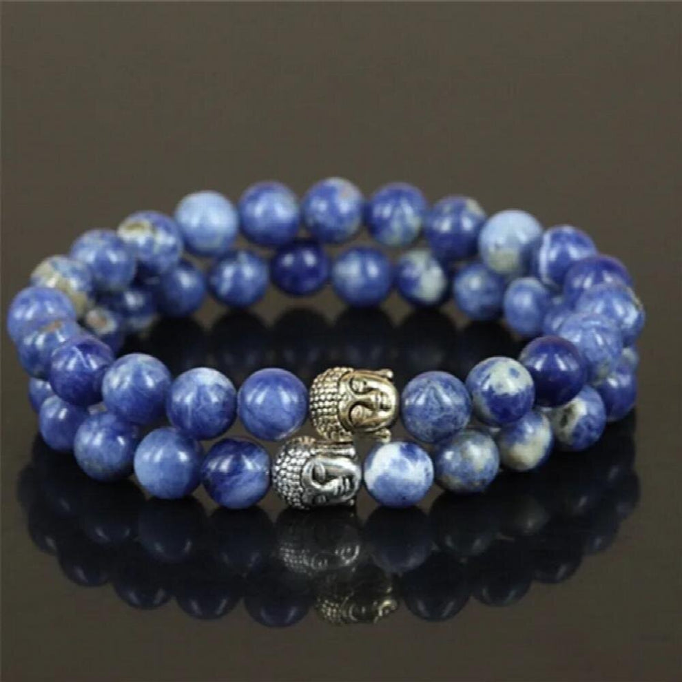 2pcs natural sodalite round stone beads charm women bracelet beaded mercy two buddha head men stretch bracelet