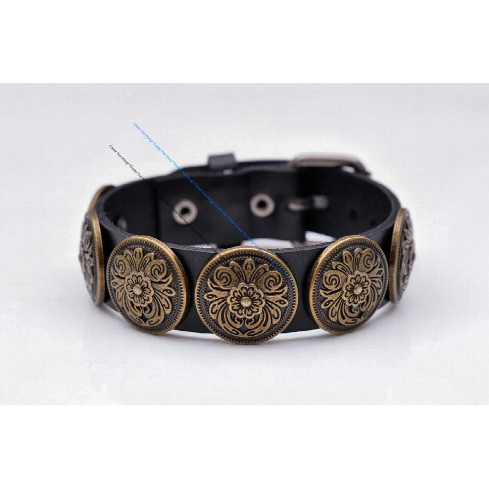 Biker Motocycle Western Antique Flower Carved Concho Veg Tan Leather Bracelet Wristband Cuff Bangle