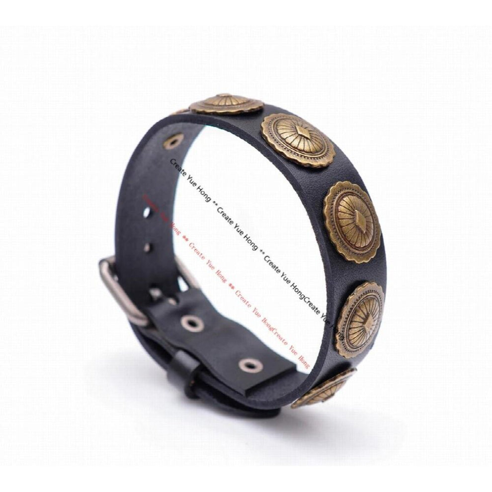 Biker Motocycle Western Antique Copper Tribal Flower Concho Veg Tan Leather Bracelet Wristband Cuff Bangle