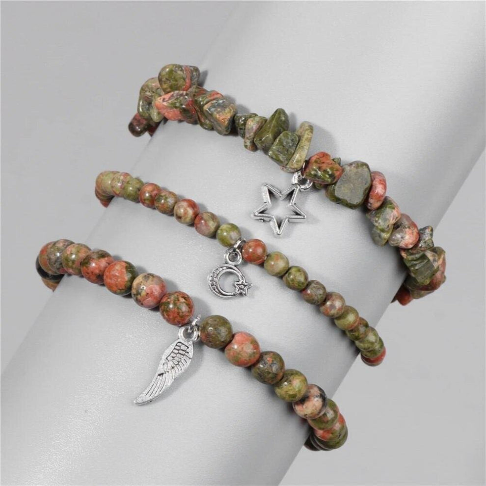 3Pcs-Lot Natural Unakite Stone Bracelets Irregular Chip Beads Bracelet Star Moon Feather Pendant Bracelets for Women Men Jewelry