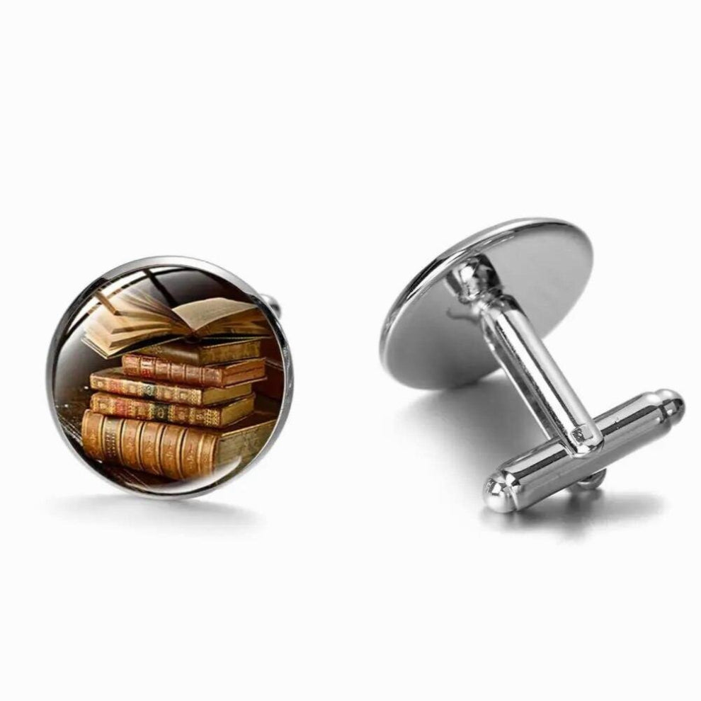 Vintage Men Cufflinks Bookshelf Library Books Librarians Bronze Glass Art Picture Cuff Links Writers Jewelry