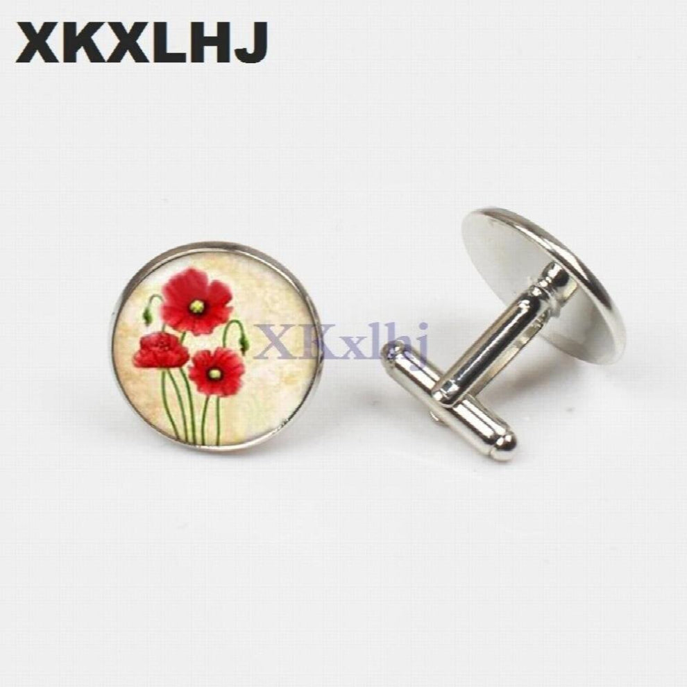 Poppy Jewelry Cuffs Red Glass Button Flower Cuffs Glass Convex Men And Women Shirt Jewelry