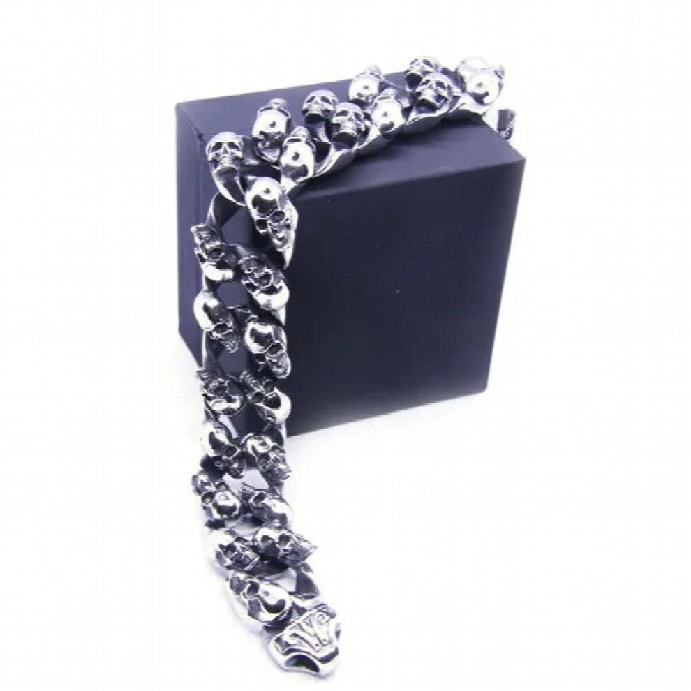 Real Double Line Skull Bracelet 316L Stainless Steel Band Party Style Skull Biker Bracelet