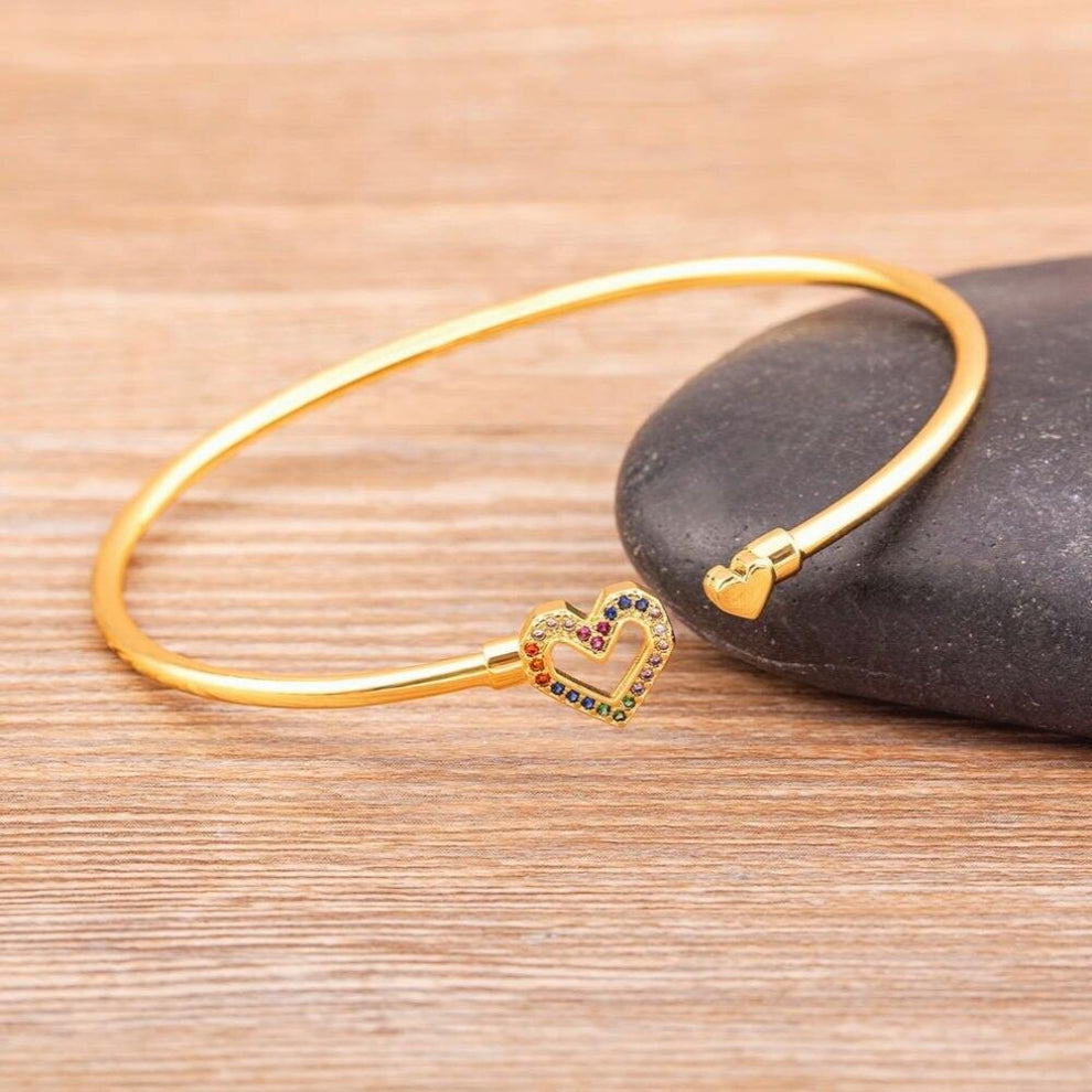 Nidin Classic Charm Heart Shape Colorful Rhinestone Cuffs Zircon Bangle Womens Temperament Jewelry Anniversary Romantic Gift