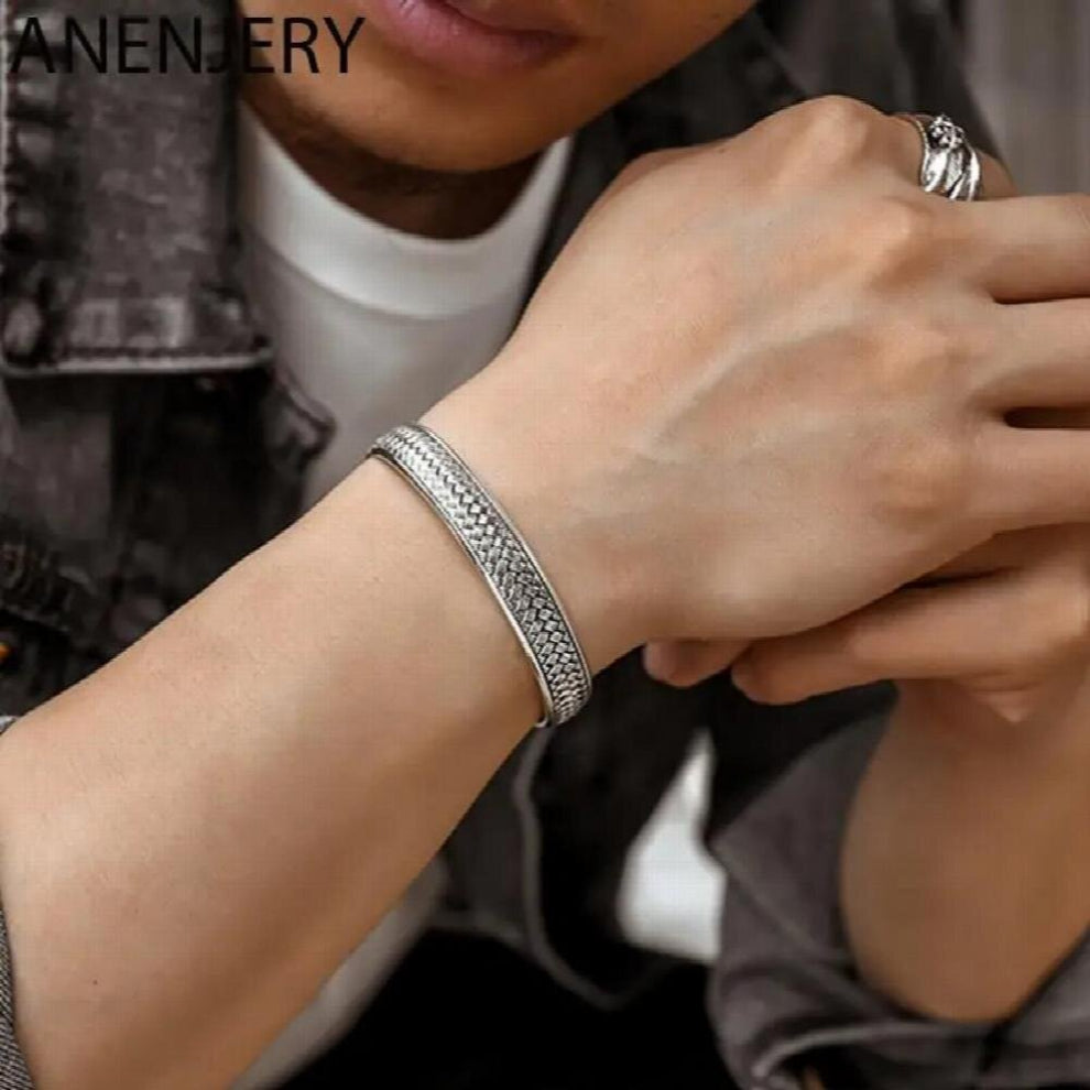 Silver Wave Pattern Scripture Cuff Bracelets&Bangles For Women Men Retro Hand Jewelry