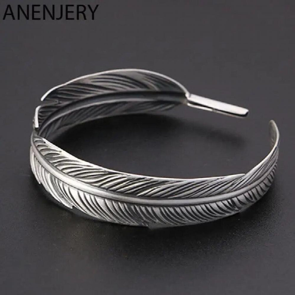 Silver Feather Wide Cuff Bracelets&Bangles For Women Men Personality Vintage Thai Silver Jewelry