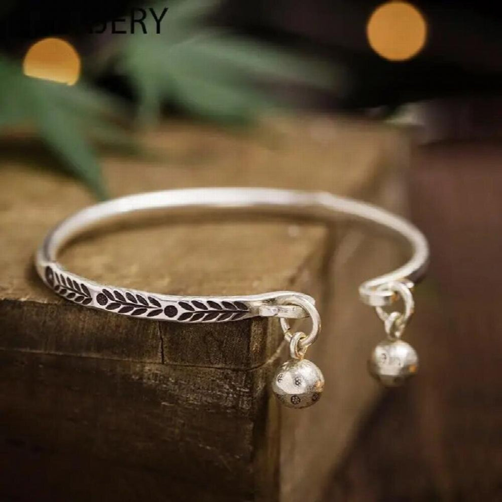 Silver Bell Leaf Pattern Cuff Bracelets&Bangles For Women Vintage Jewelry Girl Gift